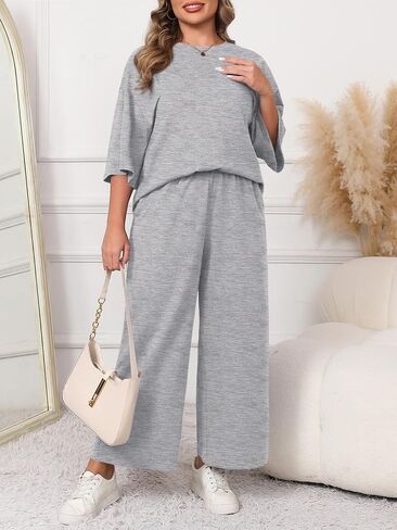 Beautife Womens Plus Size 2 Piece Outfits 3/4 Sleeve Tops and Wide Leg Pants Loungewear Pajamas Sets in Saudi Arabia