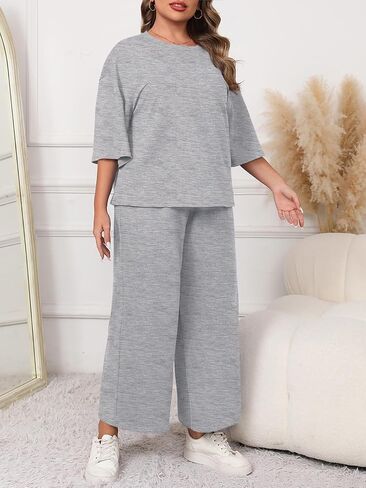 Beautife Womens Plus Size 2 Piece Outfits 3/4 Sleeve Tops and Wide Leg Pants Loungewear Pajamas Sets in Saudi Arabia