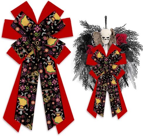 ALIBBON Large Mexican Day of The Dead Bows for Wreaths, Sugar Skull Wreath Bows, Dia de Los Muertos Bows, Cinco de Mayo Bows for Front Door, Halloween Decor Burlap Bows for Indoor Outdoor Decoration in Saudi Arabia