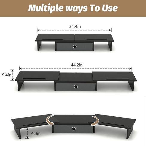 Dual Monitor Stand Riser with Drawer for Desk, Wooden Computer Monitor Stand for 2 Monitors, Office Desktop Organizer Stand with Adjustable Length and Angle for PC Monitor Laptop TV (Black) in Saudi Arabia