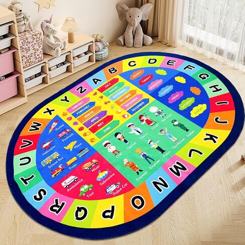 USTIDE Large Oval Kids Rug 4x6,ABC Alphabet Animals Educational Classroom Rug Non-Slip Play Mat Learning Area Rug for Bedroom Playroom Decor Rug in Kuwait