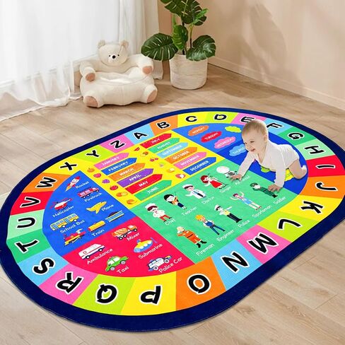 USTIDE Large Oval Kids Rug 4x6,ABC Alphabet Animals Educational Classroom Rug Non-Slip Play Mat Learning Area Rug for Bedroom Playroom Decor Rug in Kuwait