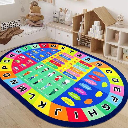 USTIDE Large Oval Kids Rug 4x6,ABC Alphabet Animals Educational Classroom Rug Non-Slip Play Mat Learning Area Rug for Bedroom Playroom Decor Rug in Kuwait