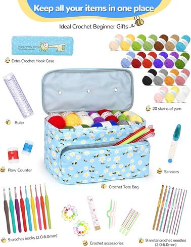 مجموعة أدوات الكروشيه للمبتدئين، مجموعة أدوات الكروشيه للمبتدئين للبالغين والأطفال لتعلم الكروشيه، مجموعة خيوط مثالية للمبتدئين - تتضمن حقيبة حياكة وخطاطيف كروشيه و20 قطعة من خيوط الكروشيه وإكسسوارات هدايا in Kuwait