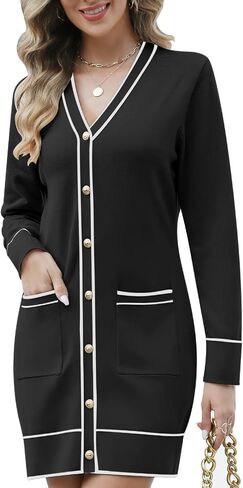 Women's V Neck Long Sleeve Sweater Dress Elegant Mini Dress Button Open Front Color Block Knit Sweaters Cardigan with Pockets in Saudi Arabia