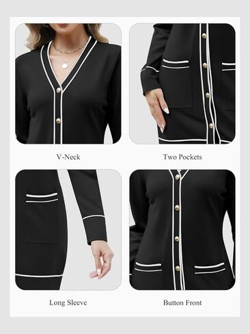 Women's V Neck Long Sleeve Sweater Dress Elegant Mini Dress Button Open Front Color Block Knit Sweaters Cardigan with Pockets in Saudi Arabia
