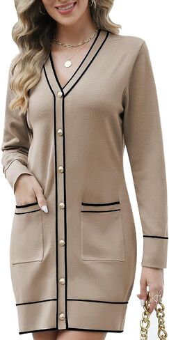 Women's V Neck Long Sleeve Sweater Dress Elegant Mini Dress Button Open Front Color Block Knit Sweaters Cardigan with Pockets in Saudi Arabia