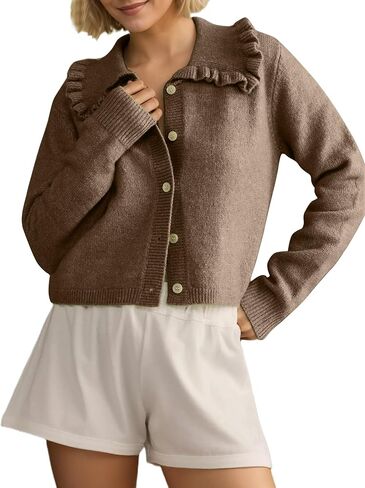 Ruffle Collar Crop Cardigan Sweaters for Women Button Down Open Front Long Sleeve Knit Sweater Cute Solid Fall Tops in Saudi Arabia