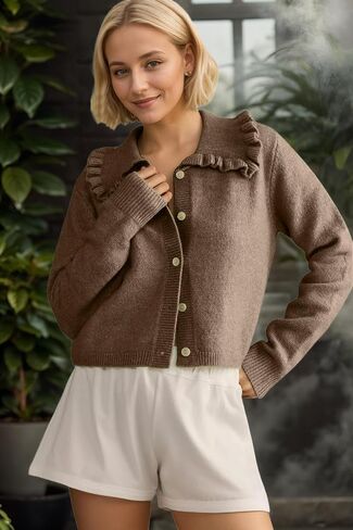 Ruffle Collar Crop Cardigan Sweaters for Women Button Down Open Front Long Sleeve Knit Sweater Cute Solid Fall Tops in Saudi Arabia
