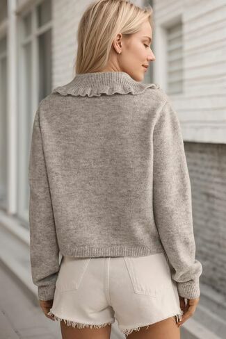 Ruffle Collar Crop Cardigan Sweaters for Women Button Down Open Front Long Sleeve Knit Sweater Cute Solid Fall Tops in Saudi Arabia