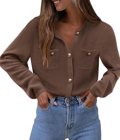 Zeagoo Womens Knit Cardigan Sweaters Button Down Shirts Long Sleeve Crew Neck Ribbed Knit Blouse Open Front Work Tops in Saudi Arabia