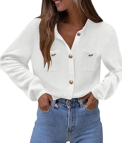 Zeagoo Womens Knit Cardigan Sweaters Button Down Shirts Long Sleeve Crew Neck Ribbed Knit Blouse Open Front Work Tops in Saudi Arabia