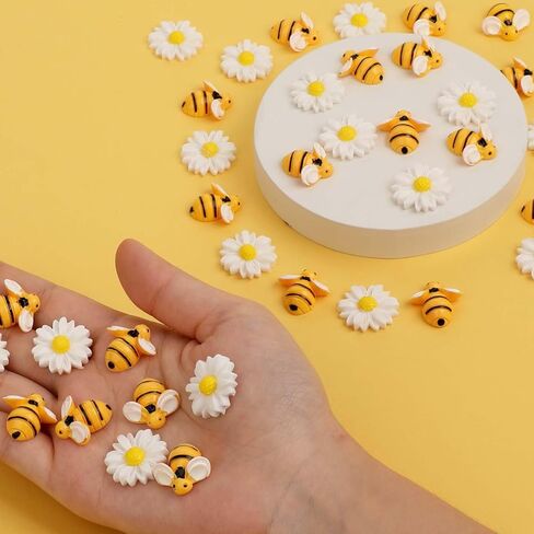 50 Pcs Tiny Resin Bees Daisy Flower Flatback Resin Charms Craft Bees Flower Ornaments with Storage Box Mini Resin Honey Bees for Crafts Bee Decor for DIY Crafts Wreath Party Home Decoration in Saudi Arabia