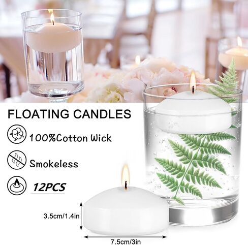 10 Hour Floating Candles, 3'' White Unscented Dripless Wax Discs, for Cylinder Vases, Centerpieces at Wedding, Party, Pool, Holiday (24 Set) in Kuwait