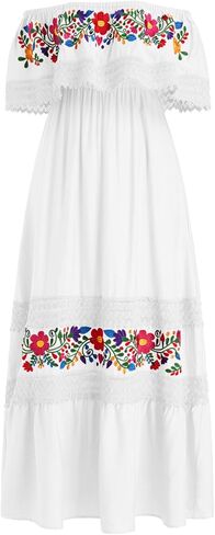 Mexican Dress for Women Floral Embroidery Maxi Off-Shoulder Ruffle Sleeveless Traditional Fiesta Dresses in Kuwait