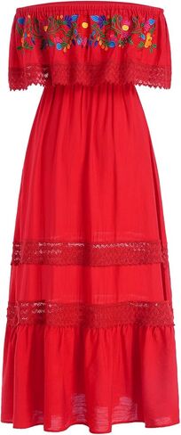 Mexican Dress for Women Floral Embroidery Maxi Off-Shoulder Ruffle Sleeveless Traditional Fiesta Dresses in Kuwait