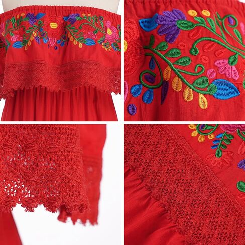 Mexican Dress for Women Floral Embroidery Maxi Off-Shoulder Ruffle Sleeveless Traditional Fiesta Dresses in Kuwait
