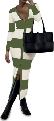 Saodimallsu Womens Striped Sweater Dress Button V Neck Long Sleeve Knit Fall Trendy Bodycon Midi Dresses Cardigans in Kuwait