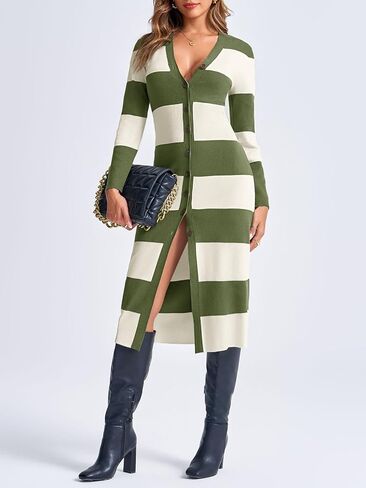 Saodimallsu Womens Striped Sweater Dress Button V Neck Long Sleeve Knit Fall Trendy Bodycon Midi Dresses Cardigans in Kuwait