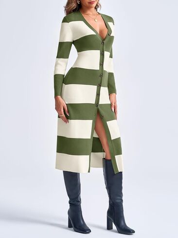 Saodimallsu Womens Striped Sweater Dress Button V Neck Long Sleeve Knit Fall Trendy Bodycon Midi Dresses Cardigans in Kuwait