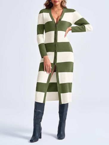 Saodimallsu Womens Striped Sweater Dress Button V Neck Long Sleeve Knit Fall Trendy Bodycon Midi Dresses Cardigans in Kuwait