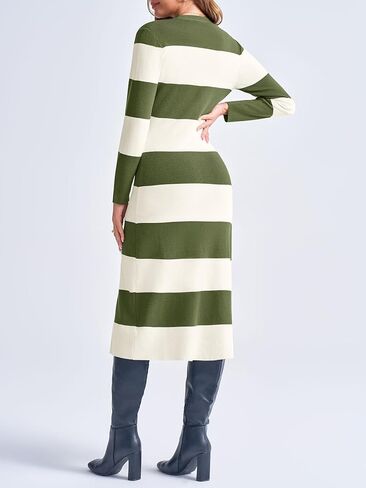 Saodimallsu Womens Striped Sweater Dress Button V Neck Long Sleeve Knit Fall Trendy Bodycon Midi Dresses Cardigans in Kuwait