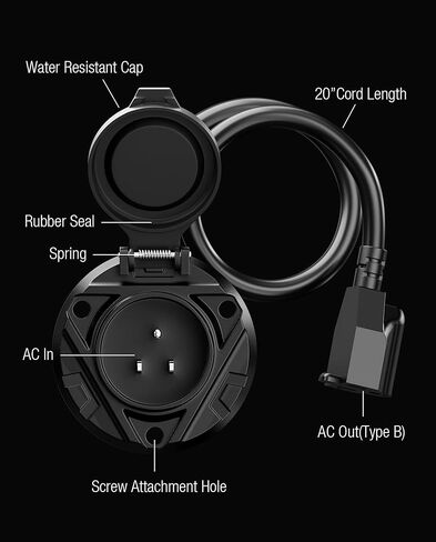 قابس شاحن مدخل الطاقة RV Shore، قابس منفذ تيار متردد 15 أمبير، مقبس مدخل طاقة 125 فولت، غطاء زنبركي مقاوم للماء، صندوق مقبس كهربائي RV مع سلك تمديد خارجي متكامل 20 بوصة لقابس RV in Kuwait