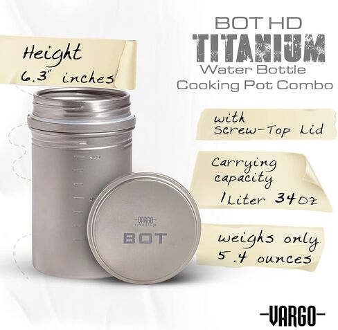 Vargo Titanium BOT XL |1.1L Camp Cooking Pot | Nests Standard Isobutane Fuel Canisters | Water-tight Lid | Weight: 5.5 oz (156g) in Kuwait