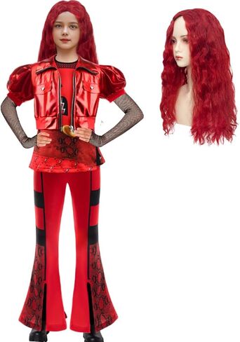 Girl Red Chrismas Costume for kid Rise Red Princess Costume Short Sleeves Jacket Top Flared Pants Wig 4pcs 3-10Y in Saudi Arabia
