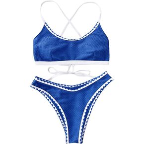 SOLY HUX Women's High Cut Swimsuit Tie Back Padded Bathing Suit 2 Piece Bikini Set Beachwear