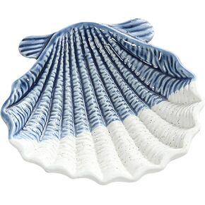 MATIHAY Contrast Color Coastal Jewelry Dish Tray, White and Dark Blue Starfish Shell Scallop Ceramic Trinket Tray Candy Dishes Jewelry Plate for Rings Earrings Necklaces Organizer (Scallop)