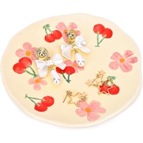 Koythin Jewelry Tray, Ceramic Flower Fruit Jewelry Dish Trinket Tray Organizer, Aesthetic Decorative for Kitchen, Bathroom, Birthday Choice for Mom, Girlfriends (Pink Cherry)