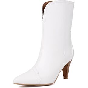 XIEDA Women's Mid Calf High Heel Boots Pointed Toe Pull On Fashion Heeled Boots