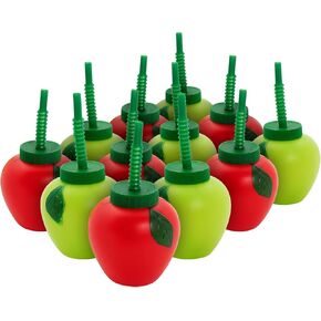 Fun Express Apple-Shaped Cups with Lids & Straws – 14 oz, Green & Red, BPA-Free – 12 Count Reusable Party Supplies