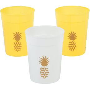 Fun Express Set of 12 Pieces Pineapple Plastic Party Cups, Each holds 12 oz, BPA Free Plastic, Luau, Tiki and Tropical Party Supplies, White & Gold