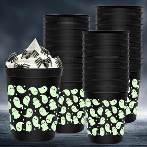 Whaline 30Pcs Halloween Ghost Green Black Cups 16oz Halloween Glow in the Dark Disposable Plastic Cups Cute Ghost Black Glowing Cups for Juice Soda Cocktail Drinking Halloween Party Supplies