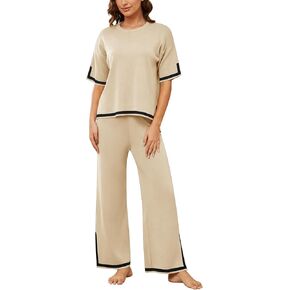 YIJIU Women's 2 Piece Outfits Short Sleeve Knit Sweater Pullover Tops Soft Wide Leg Pants Lounge Sets Tracksuits