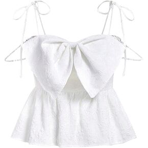 Women's Y2K Bow-Knot Spaghetti Strap Back Shirred Cami Top Casual Ruffle Hem Bowknot Sleeveless Tank Top Crop