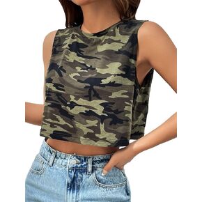 WDIRARA Women's Camo Crop Tank Top Loose Fit Y2k Top Sleeveless Crewneck Basic Shirts