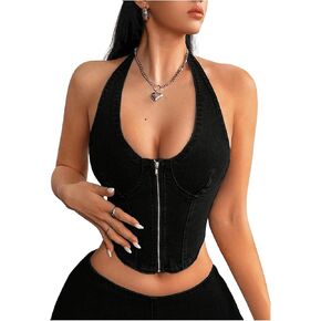 MakeMeChic Women's Denim Zip Up Halter Top Sleeveless Open Back Asymmetrical Hem Denim Crop Tops