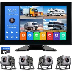 4-Channel 1080P Backup Camera for Truck/RV/Semi Trailer/Van/Cars 10.2inch Touch Monitor with DVR Recording/Playback/Bluetooth/FM Radio/Music/Video Player