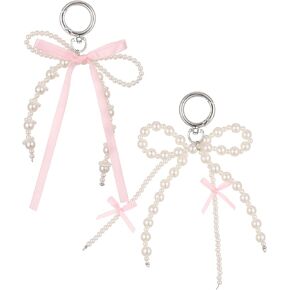 2Pcs Pearl Bow Keychain, Cute Bowknot Beaded Keyring Charms Aesthetic Pink Bag Charms Purse Car Key Chain for Women