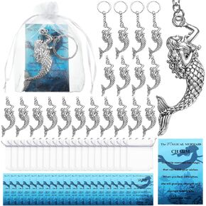 Quelay 20 Set The Magical Mermaid Wish Keychain with Inspirational Positive Card Organza Bags Mermaid Party Favors Gift Bulk for Women Mermaid Themed Party Supplies