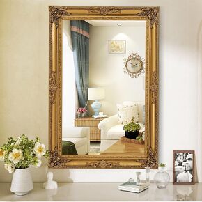 Gold Vintage Mirror, 37.4" x 25.6" Traditional Antique Gold Wall Mirrors with Ornate Baroque Wood Frame, Living Room Decorative Mirrors for Wall Decor