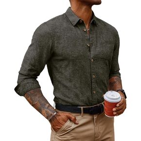 PJ PAUL JONES Men's Linen Shirts Casual Button Down Long Sleeve Shirt Lightweight Beach Shirt with Pocket