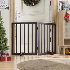 Freestanding Pet Gate Foldable Dog Gate (110 inches Wide) Walnut Bamboo Dog Gates for Stair Doorways House Dog Fences Indoor (4 Support Feet Included)
