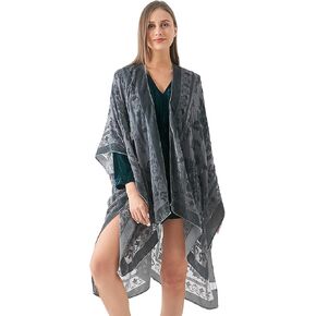 WeHello Women's Burnout Velvet Kimono Long Cardigan Cover Up Without Tassel (Gray-2)