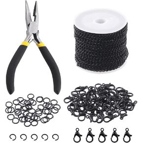 Keadic 102Pcs 30 Feet Jewelry Making Chains Kit W 3mm Metal Necklace Twisted Links Chain, Lobster Clasps, Open Jump Rings and Jewelry Pliers for Bracelet Earring Anklet DIY (Black)