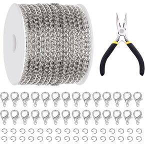 Glarks 102Pcs 30 Feet Jewelry Chains Set White Cable Link Chains Link Rolls Bulk Twisted Links Chain Necklace Jewelry Making Chains with Lobster Clasps and Jump Rings for Necklace Jewelry Making