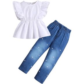 Floerns Toddler Girl's Ruffle Hem Flounce Sleeve Blouse with Denim Pants 2 Piece Set